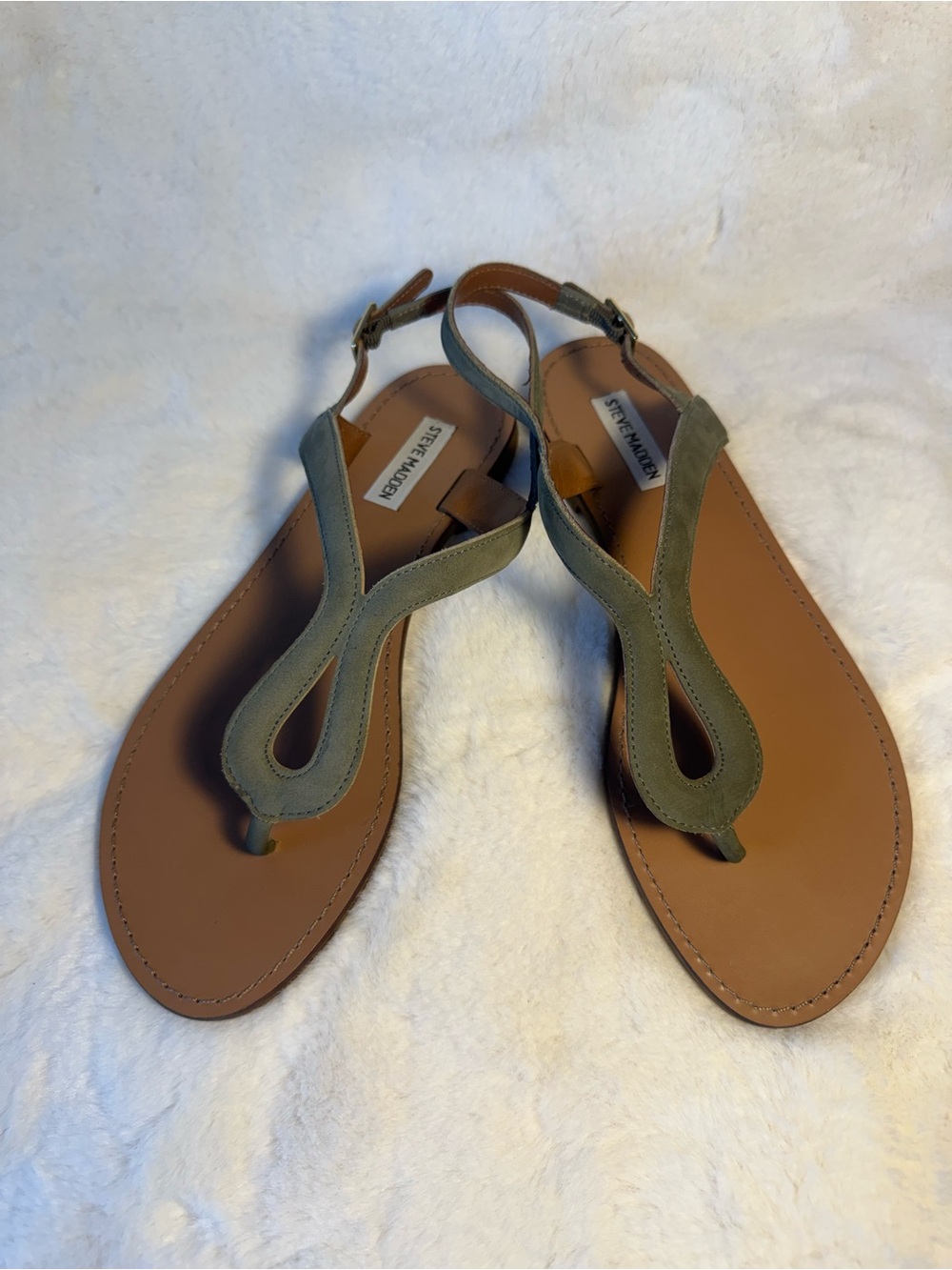Steve Madden Olive Green Suede T-Strap Sandals for Women Size 9